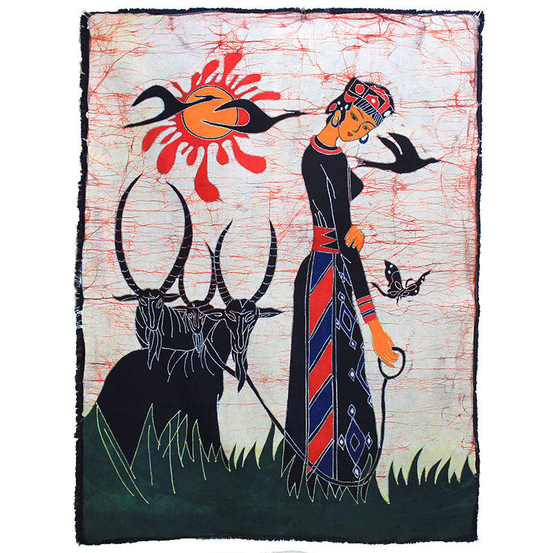 手工蜡染画餐厅茶室酒吧特色装饰墙壁挂画彝族风格人物布艺画牧羊