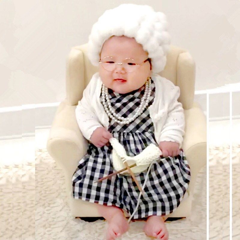 宝宝百天周岁拍照服装婴儿摄影网红老奶奶老太太老爷子帽子衣服