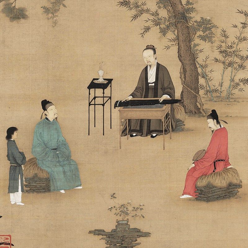 北宋赵佶听琴图宋微宗绢本画心装饰画学习临摹复制画稿