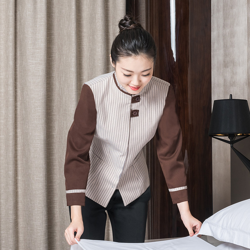 酒店保洁员工作服女长袖秋冬款物业宾馆客房服务员清洁工服装条纹