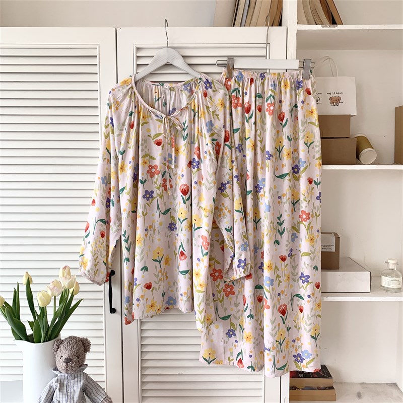 网红风2024款纯棉绸睡衣女长袖长裤国风优雅复古居家服春夏两件套