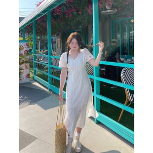 南黑微胖设计感镂空绣花连衣裙夏季 胖mm显瘦纯欲裙子 2024新款 大码