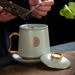 茶水分离大号家用高档描金陶瓷会议杯复古礼品 汝窑办公杯茶杯套装