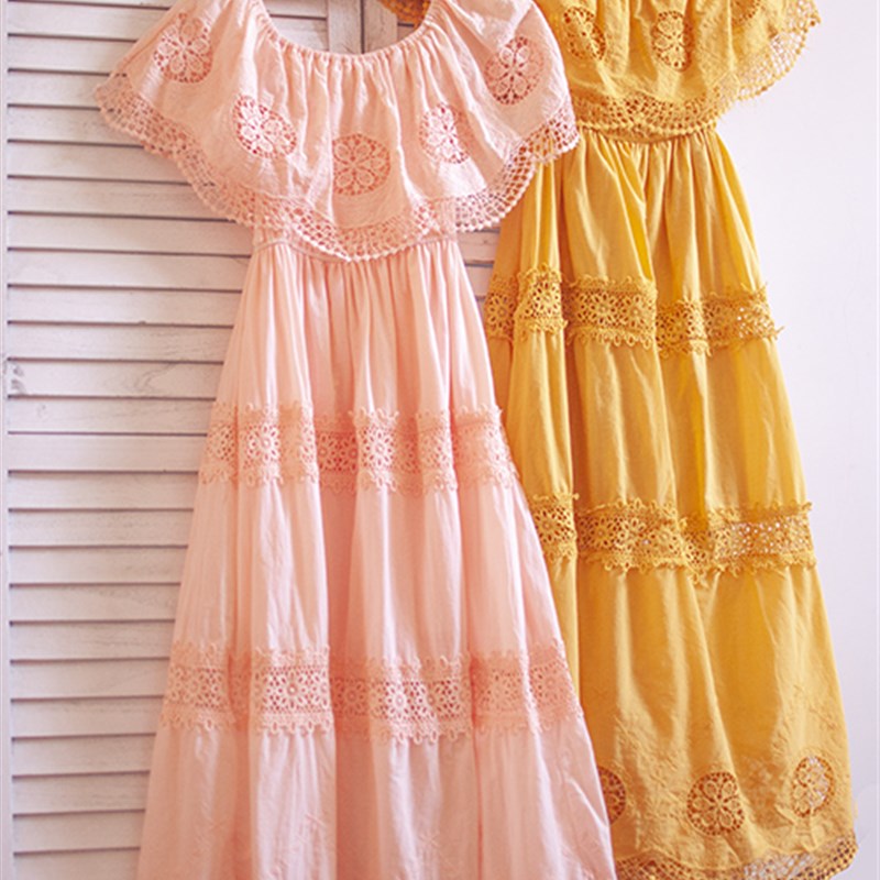 2019夏季新款韩国仙女纯棉蕾丝镂空连衣裙子长裙一字肩礼服裙沙滩