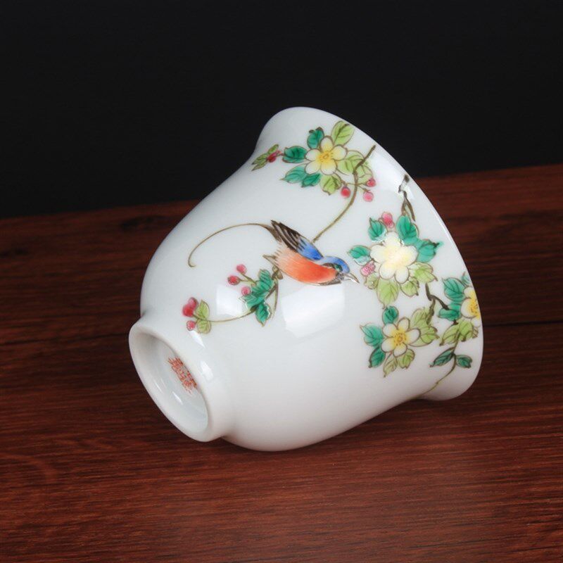 慎德堂粉彩手绘绶带鸟小茶杯花神杯景德镇古玩古董陶瓷器仿古茶具
