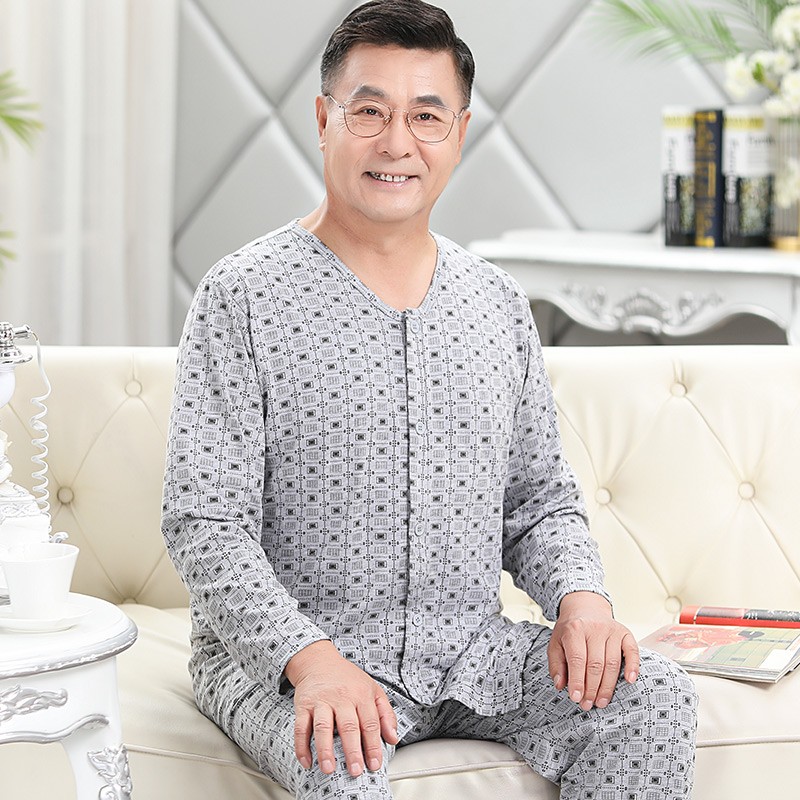 薄款老人睡衣睡裤男纯棉长袖中老年爸爸开衫全棉春秋季家居服套装
