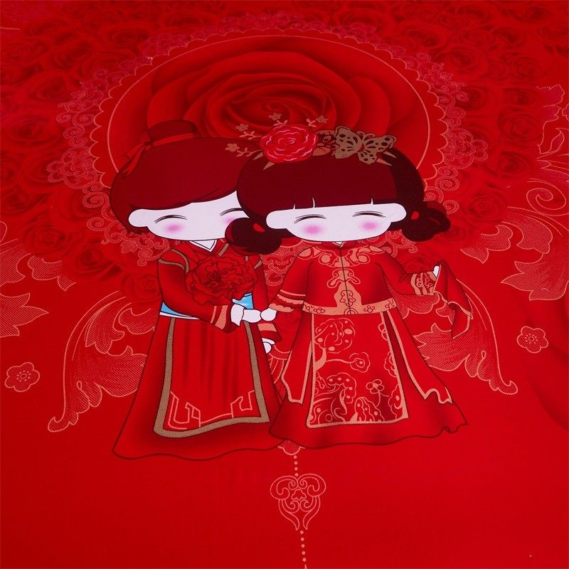 全棉圆床床裙四件套大红婚庆结婚圆形床罩式纯棉加厚磨毛床品定做