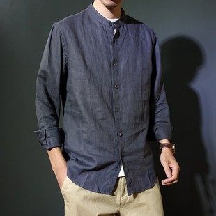 休闲春秋宽松立领复古衬衣纯色上衣潮流 男款 纯亚麻衬衫 薄款 长袖