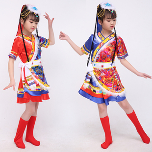 藏族舞蹈服少数民族表演服水袖 六一儿童 演出服束腰斜摆长短群女装