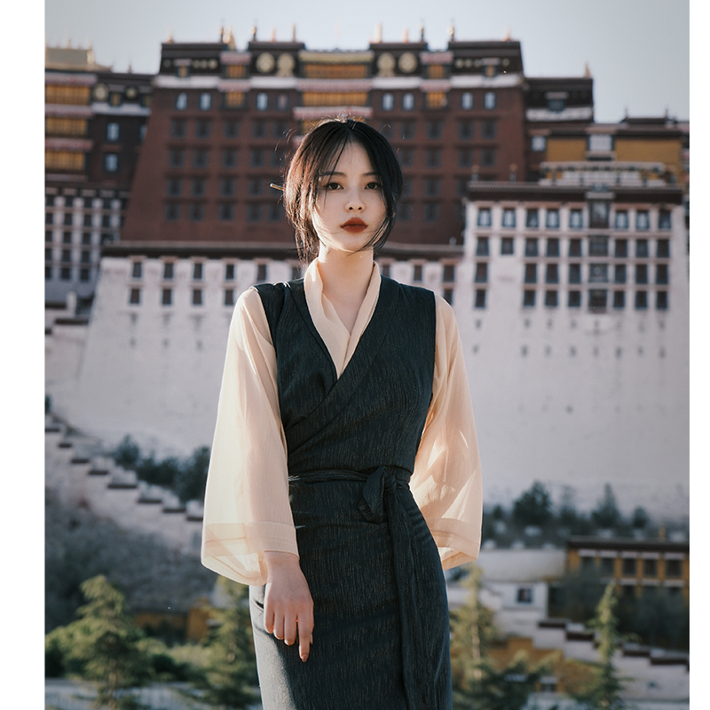 尘凡复古墨绿粉金2件套西藏服夏七分袖 连衣裙V领日常长裙女