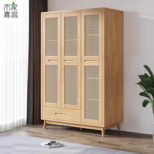 北欧实木衣柜小户型简约两门三门带抽屉衣橱卧室经济型藤编门衣柜