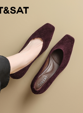 星期六酒杯跟红色高跟鞋女鞋2025秋季新款真皮法式绒面通勤单鞋女