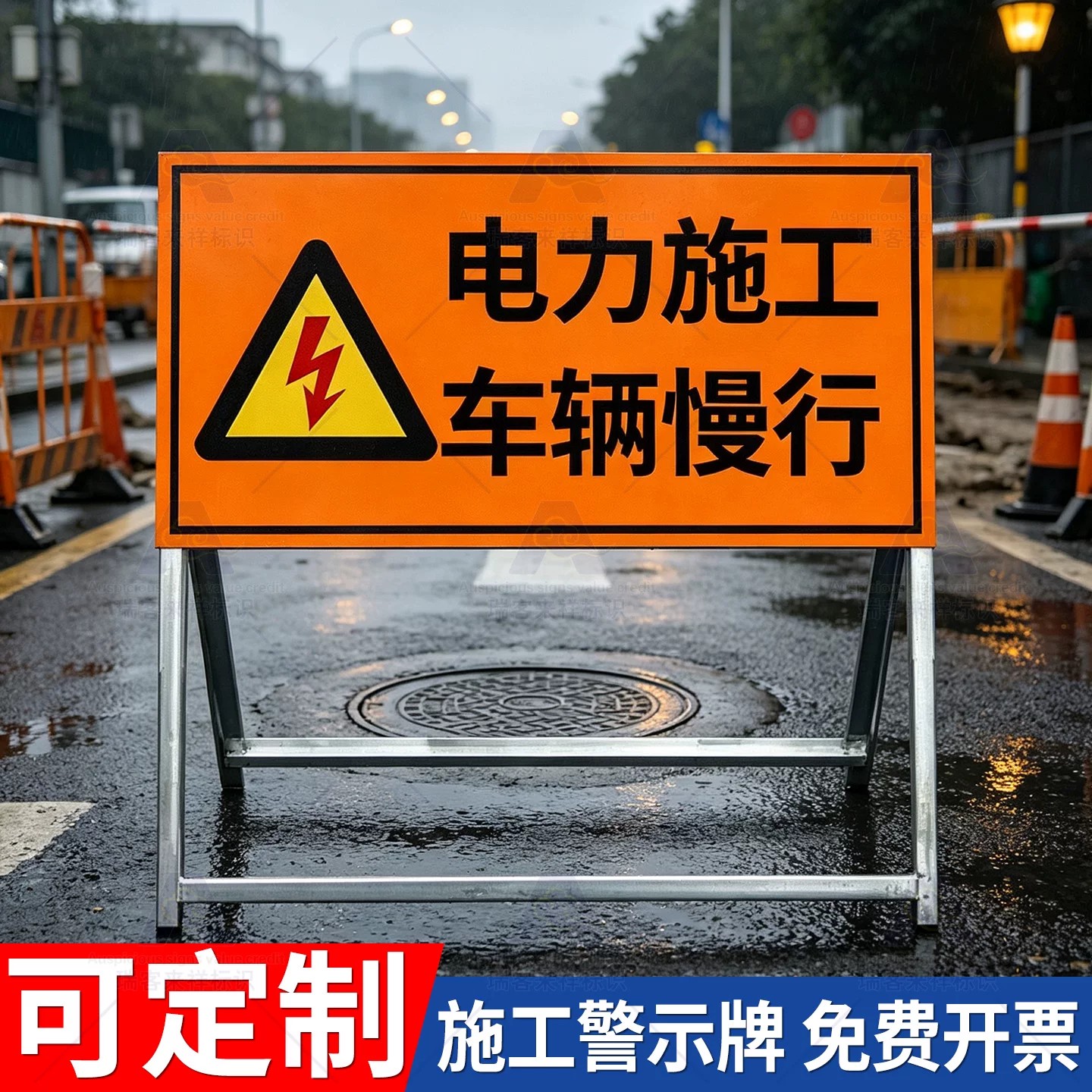 电力电缆警示牌前方施工注意安全标识牌折叠展示架箭头导向牌定制前方施工警示牌安全提示反光停车指示路牌