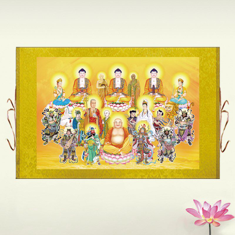 全堂佛菩萨画像挂画横幅全佛图装饰画满堂佛丝绸卷轴画