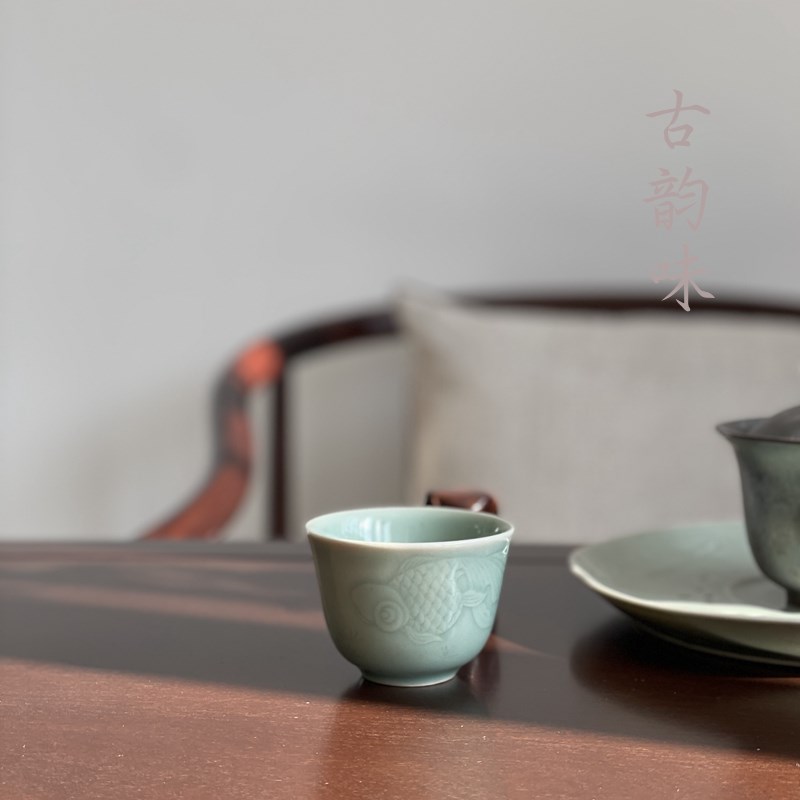 龙泉青瓷复古国营鱼杯功夫茶杯单杯杯品茗杯喝茶杯