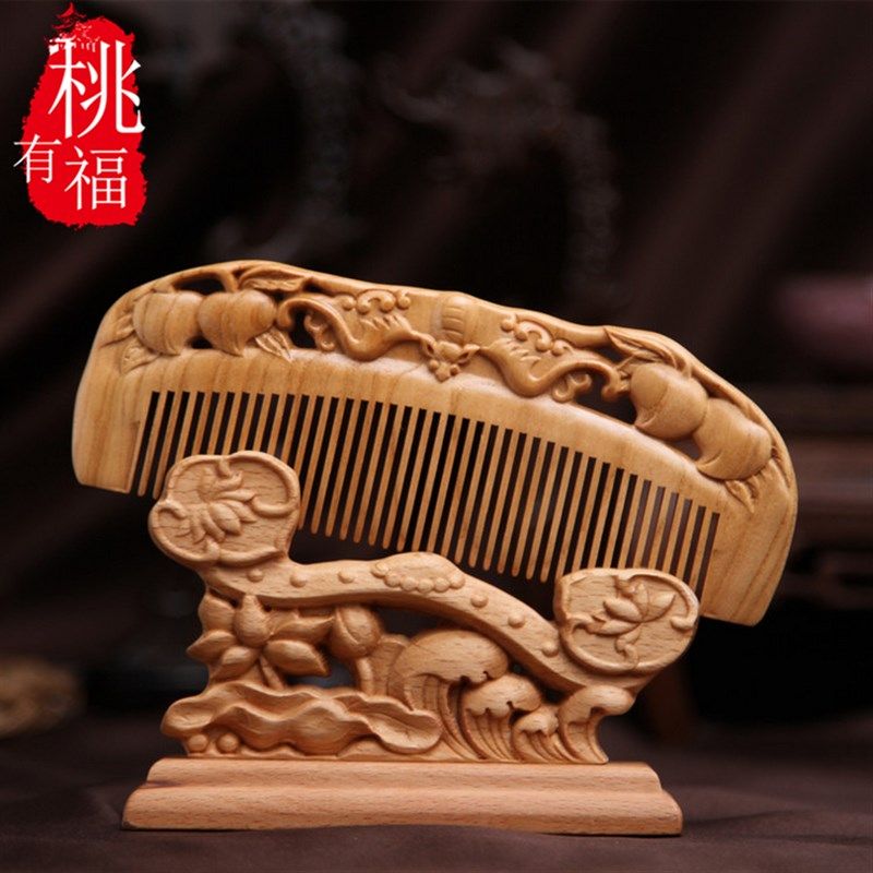 桃福精雕天然桃木梳木雕防静电防脱发中号木梳礼品梳子