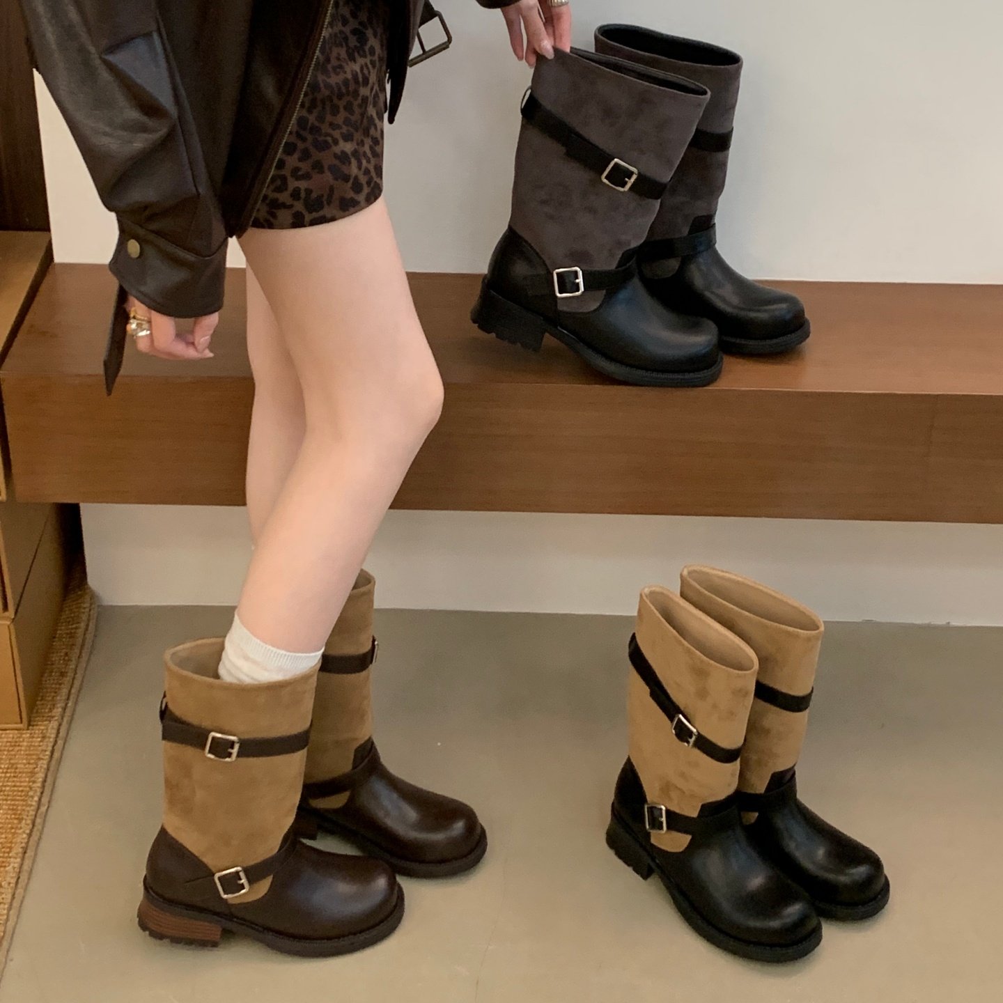MUMIXI韩版皮带扣中筒靴