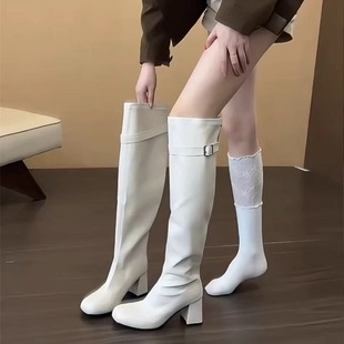 疯狂星团~米白色真皮过膝长筒靴女粗跟圆头皮带扣褶皱堆堆瘦瘦靴