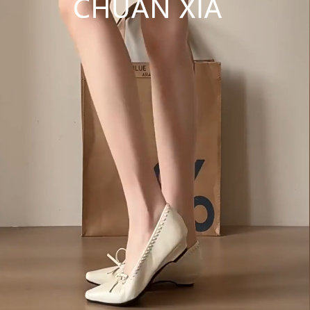 羊皮版~白色蝴蝶结粗跟单鞋女气质温柔玛丽珍鞋软底甜美浅口瓢鞋
