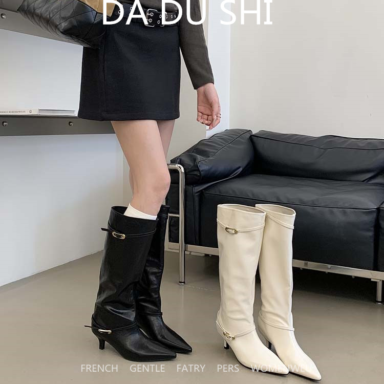 欧美风尖头中跟长靴女秋