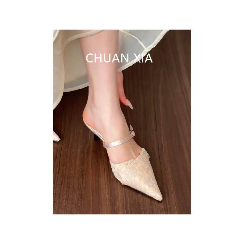 羊皮版！温柔尖头高跟鞋女法式真皮蕾丝单鞋一字带细跟包头凉鞋,女鞋,一字带凉鞋,淘宝优惠券,粉丝福利购,淘宝优惠卷