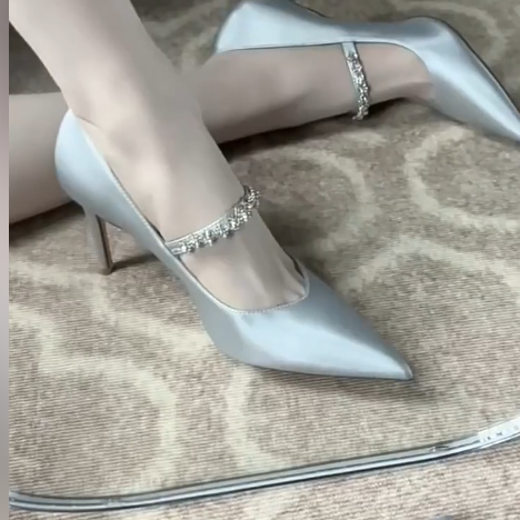 羊皮版~银色高级感水钻单鞋女真皮尖头细跟高跟鞋法式绝美新娘鞋,女鞋,浅口单鞋,淘宝优惠券,粉丝福利购,淘宝优惠卷