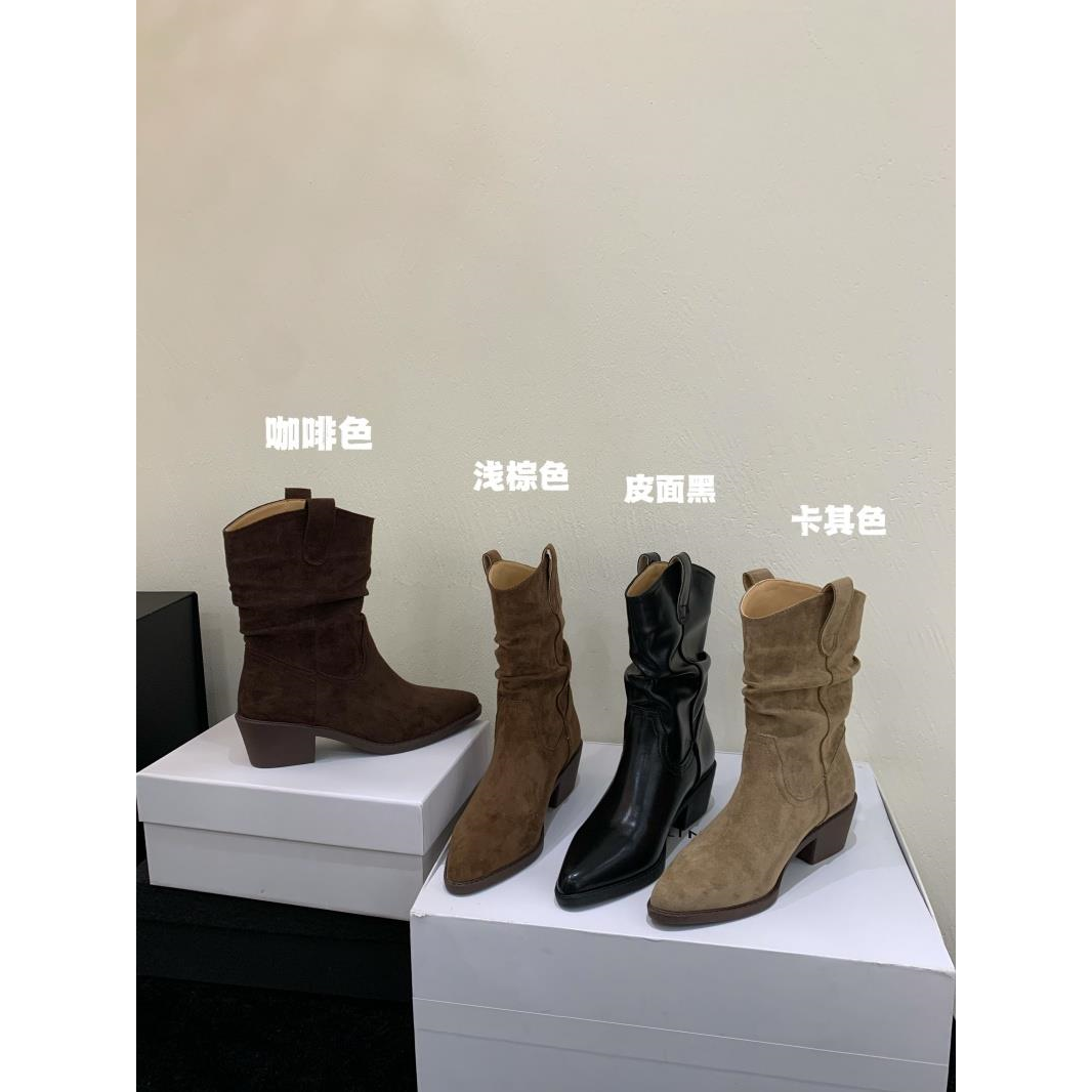 高跟复古西部牛仔靴V口马丁靴女鞋2025春秋单靴棕色尖头小短靴子