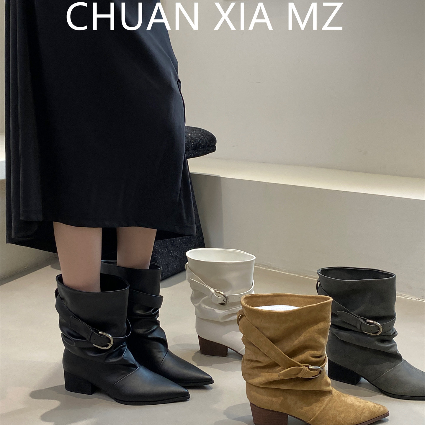 羊皮版~低跟后拉链短筒时