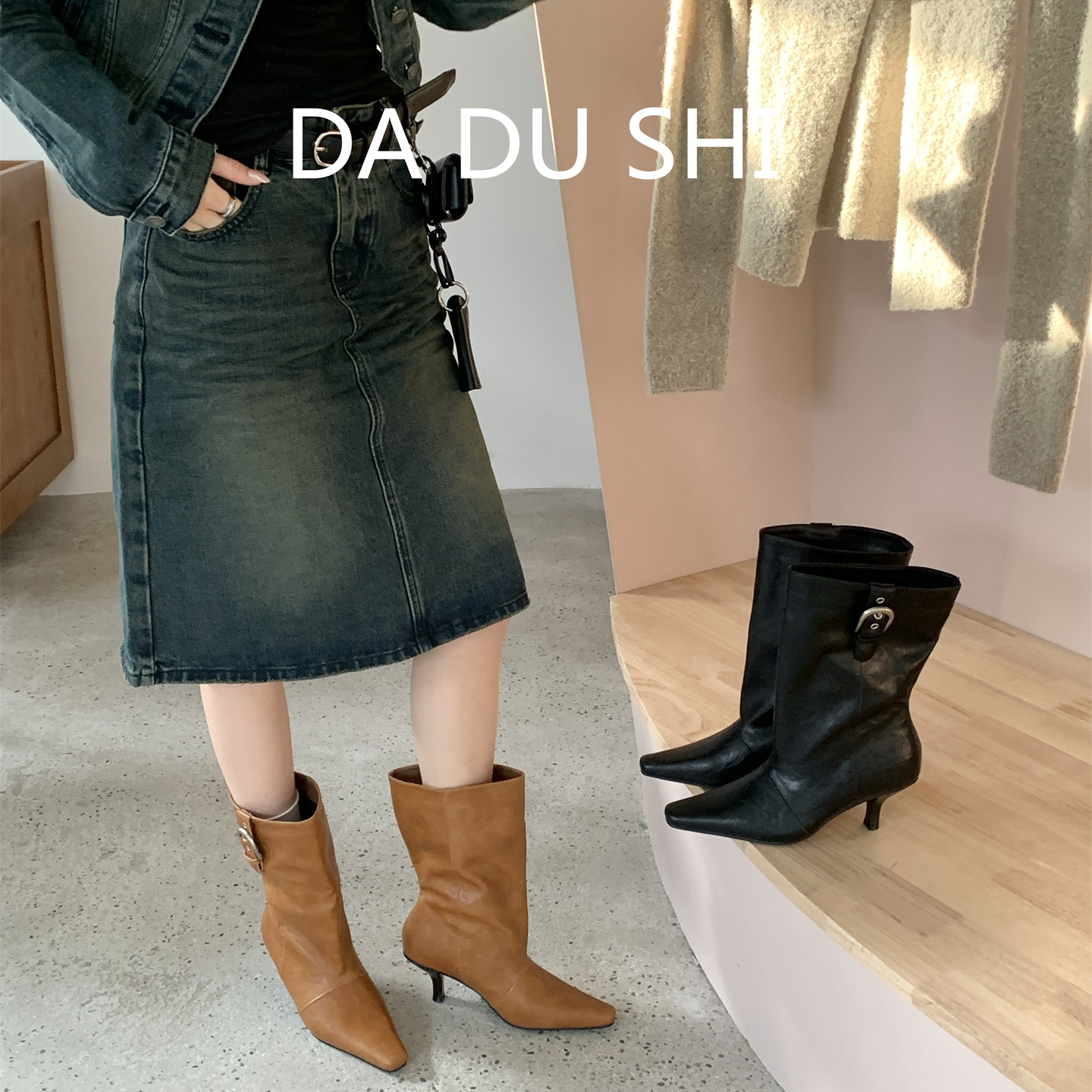 韩版尖头细跟堆堆靴女秋