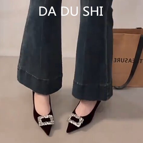 羊皮版~通勤风尖头浅口单鞋女水钻方扣细跟高跟鞋绒面百搭职业鞋