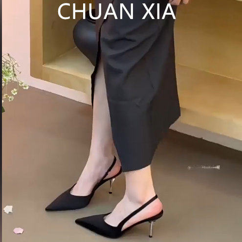 羊皮版~黑色高级感细跟高跟鞋女真皮气质尖头单鞋御姐风包头凉鞋