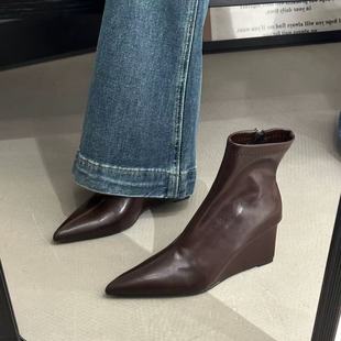 疯狂星团~欧美真皮高跟弹力靴女坡跟尖头瘦瘦靴百搭软底气质短靴