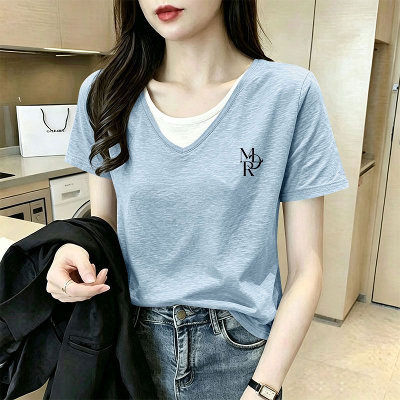夏季竹节棉V领大码短袖T恤女