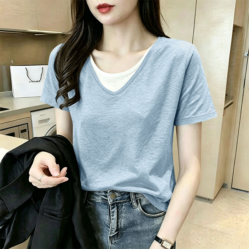 竹节棉短袖T恤女夏季新款时尚休闲韩版通勤假两件大码百搭V领上衣