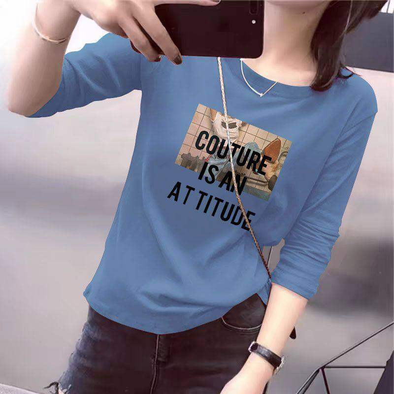 春秋时尚纯棉长袖t恤女时尚大码百搭宽松通勤印花圆领休闲上衣ins