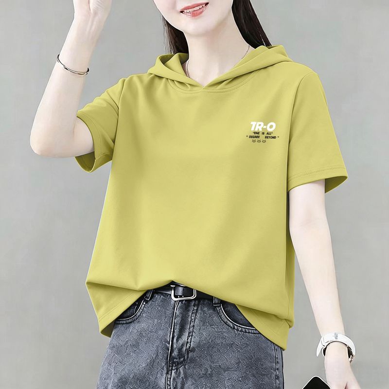 夏季纯棉连帽宽松大码短袖T恤女