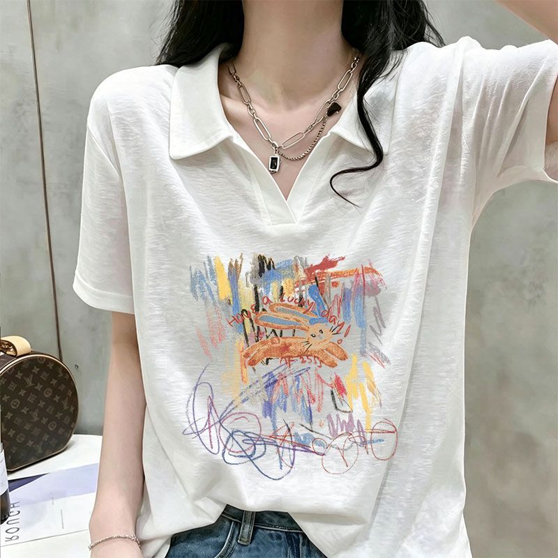 竹节棉短袖T恤女夏装新款显瘦POLO领减龄气质设计感宽松上衣汗衫