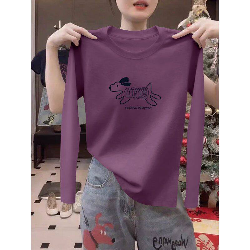 圆领纯棉韩版长袖T恤女春秋爆款休闲薄款潮流百搭印花宽松上衣ins