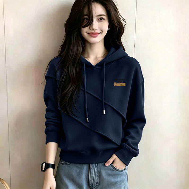 纯棉薄款不规则连帽长袖卫衣女