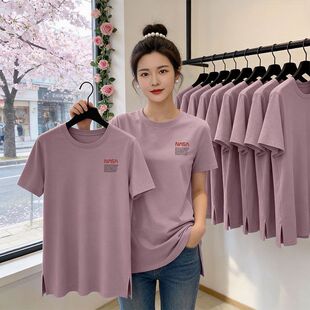 纯棉短袖T恤女款夏季新款大码圆领中长款遮肉下摆开叉上衣服女ins
