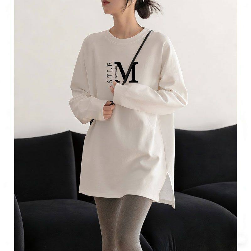 宽松纯棉时尚长袖T恤女秋冬新款打底大码简约下摆开叉洋气上衣ins