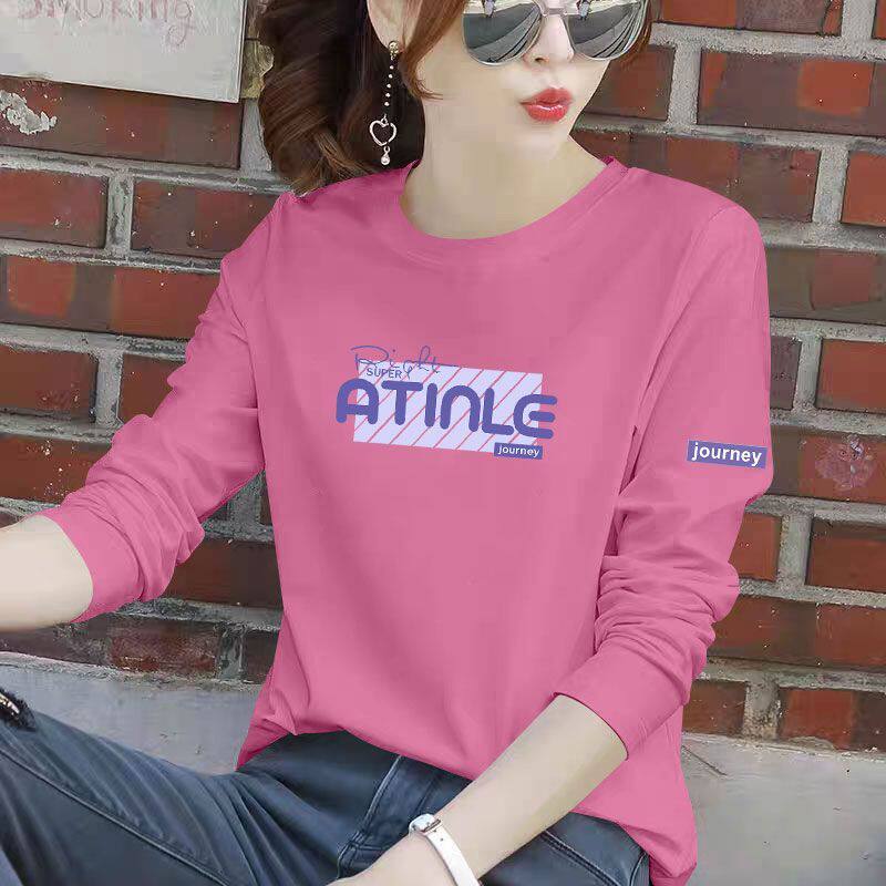 新款纯棉通勤长袖t恤女春秋爆款韩版大码打底洋气宽松时尚上衣ins