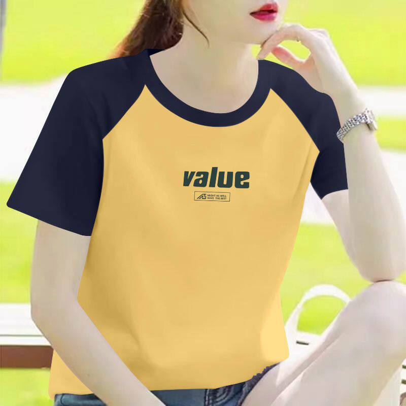 纯棉短袖拼接撞色插肩T恤女
