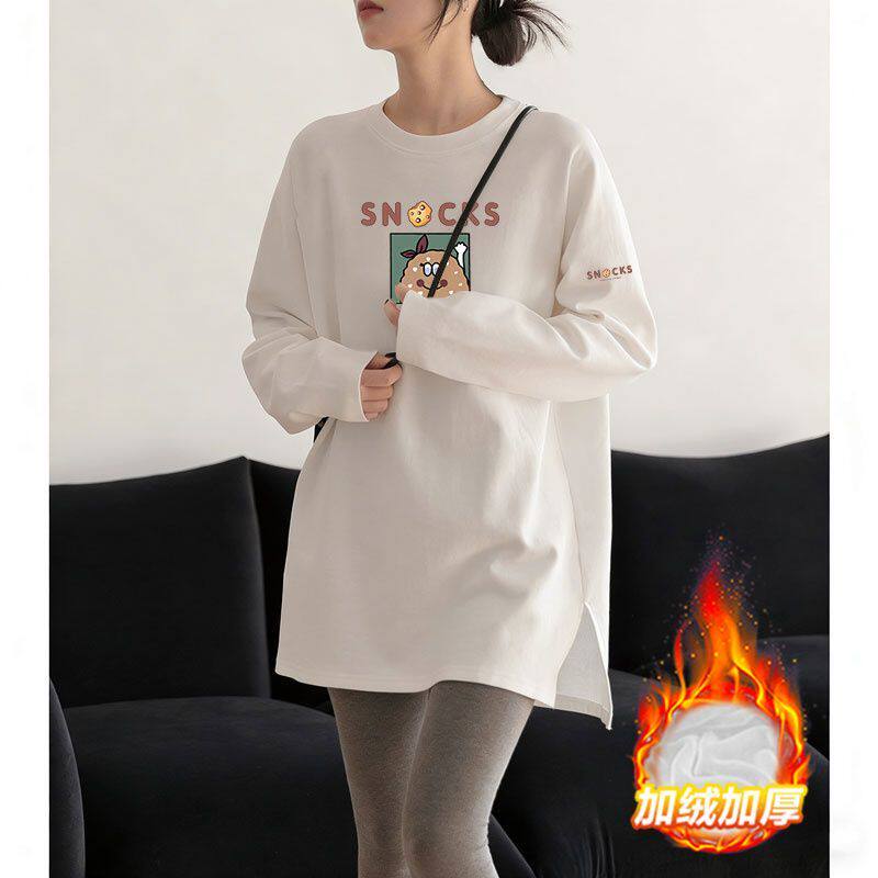 洋气纯棉百搭长袖t恤女秋冬新款大码气质加绒宽松中长款上衣女ins