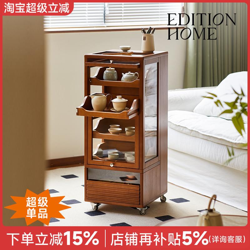 茶具杯具玻璃收纳柜模型展示柜客厅可移动边柜茶桌中古实木小柜子