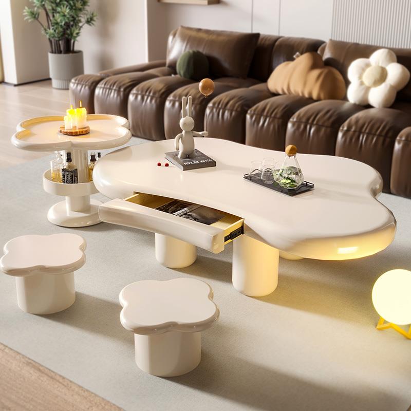 国闽新款茶几组合法式奶油风客厅家用现代设计师网红云朵岩板套几