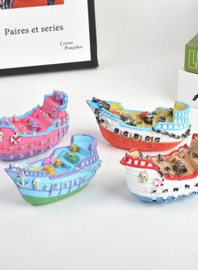 地中海海洋风格彩绘树脂海盗船模型青岛旅游纪念品粉色蓝色大炮船