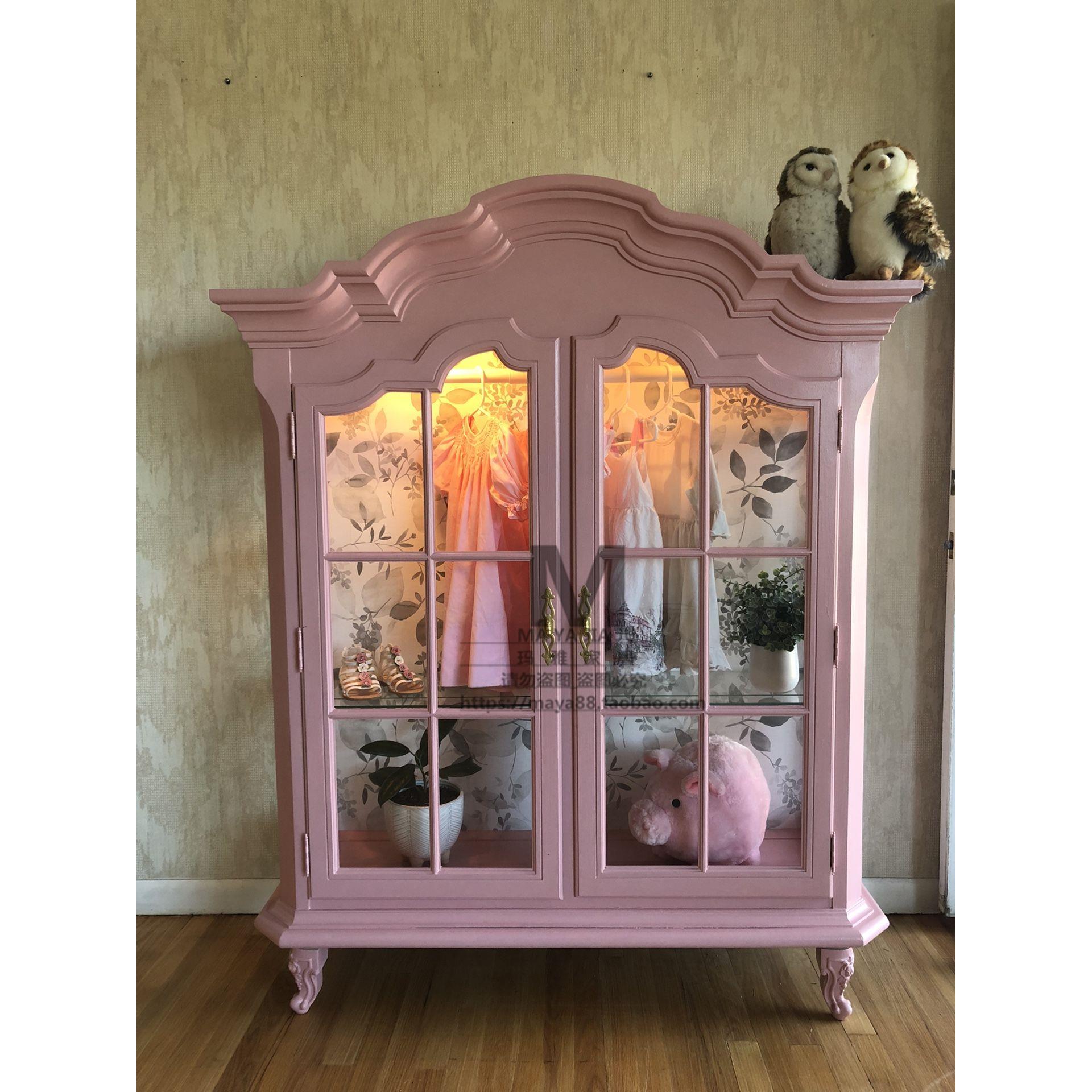 法式实木雕花小红书衣柜公主lo娘衣橱卧室双门粉色收纳展示柜定制