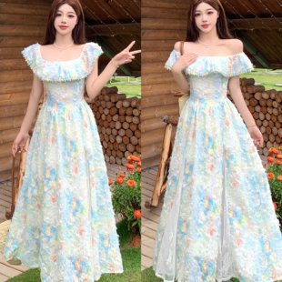 大码 复古方领碎花裙甜美夏海边度假仙女连衣裙 夏季 花与爱丽丝法式