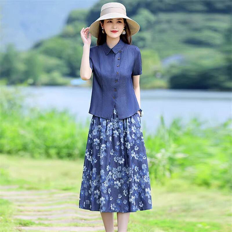 棉麻连衣裙女套装2025夏季新款高端遮肚子显瘦夏天薄款两件套裙子